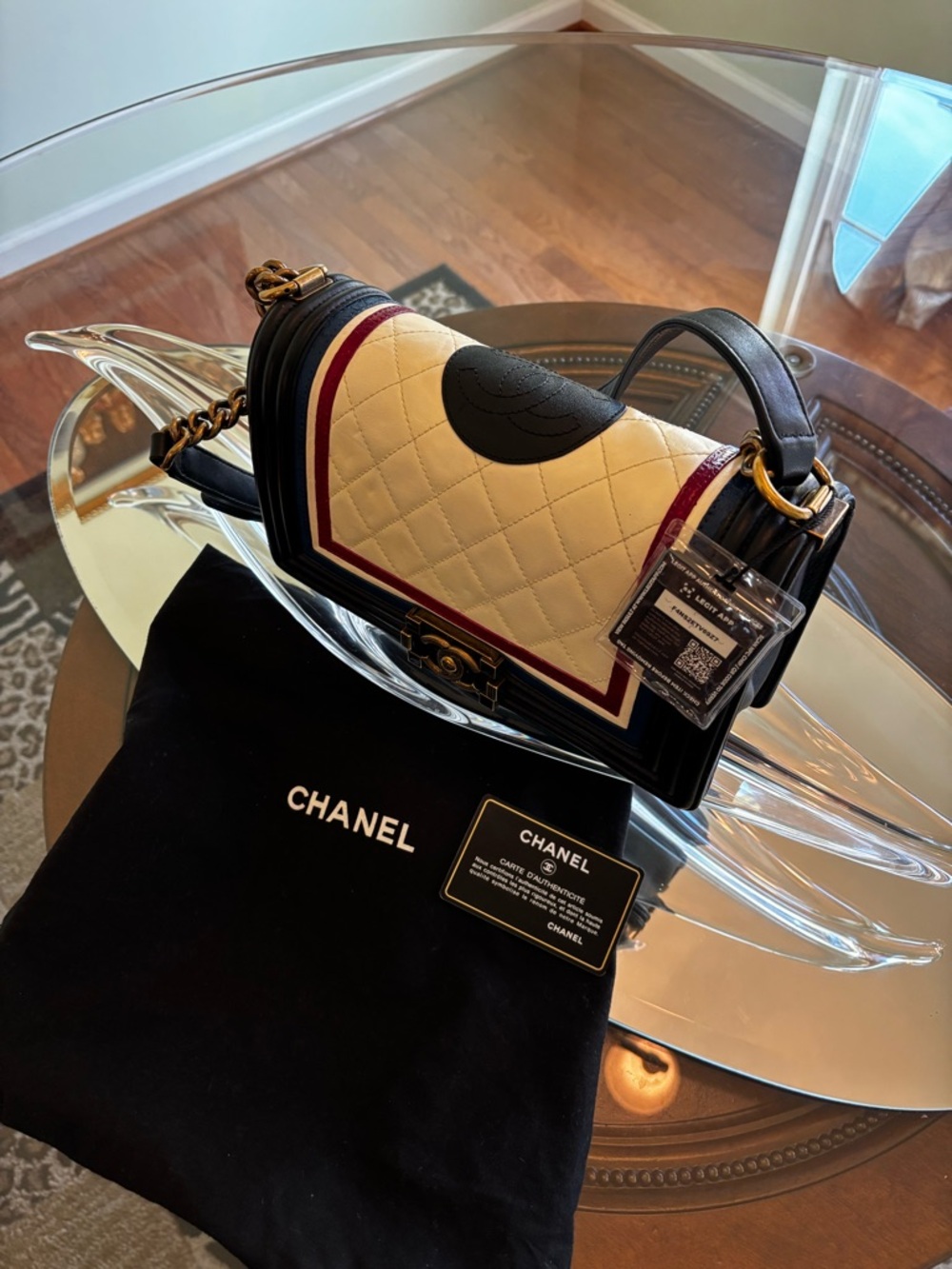 CHANEL Lambskin Quilted Crest Enbellished Boy Bag
